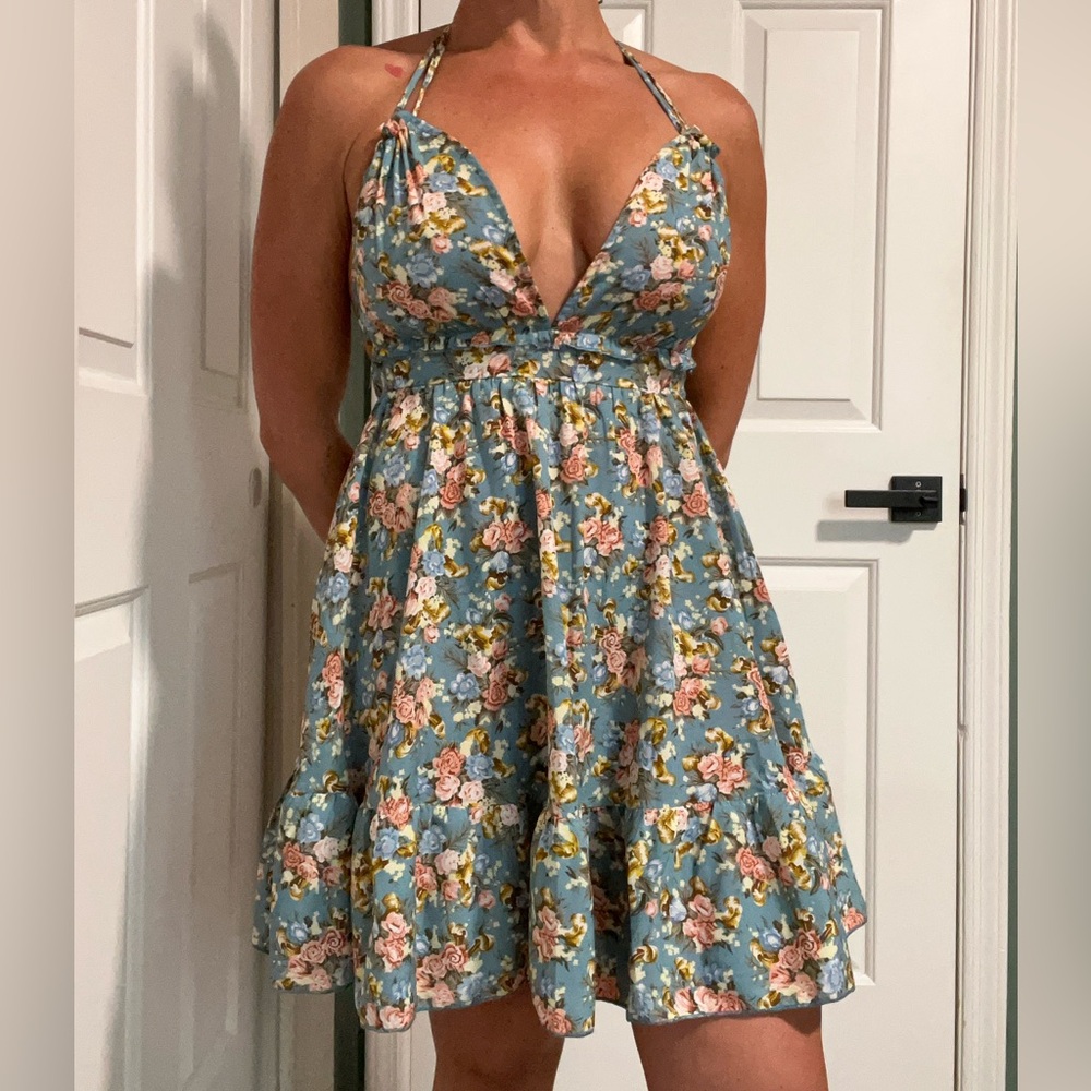 Sweet little sundress. Blue, pink, yellow and white flowered. XS/2.